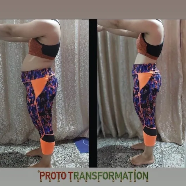 Antes y después de una clienta de espaldas con leggings
