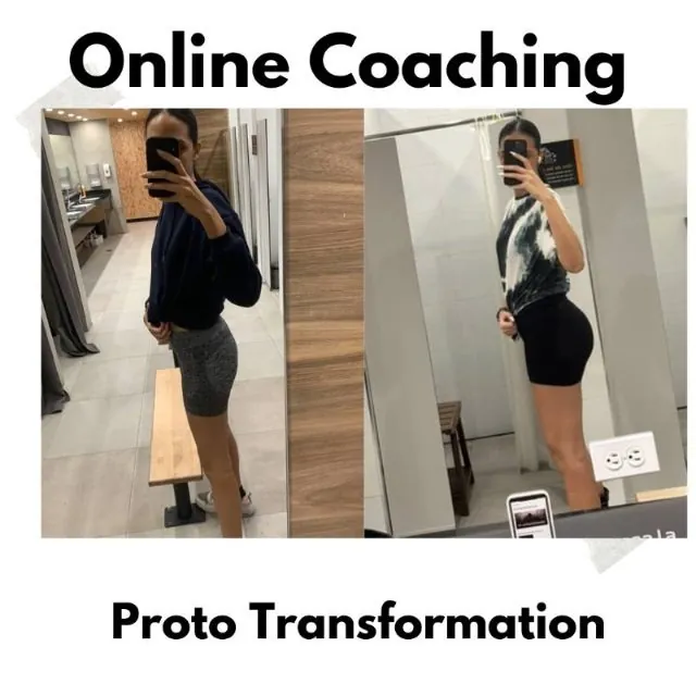 Clienta del coaching online, antes y después frente al espejo