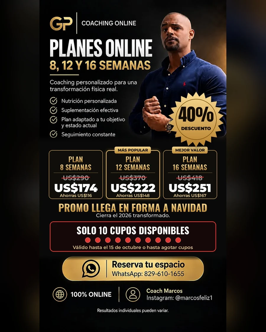 Promoción Llega en forma a Navidad: 40% de descuento en los planes de coaching online de 8, 12 y 16 semanas, hasta el 15 de octubre de 2026